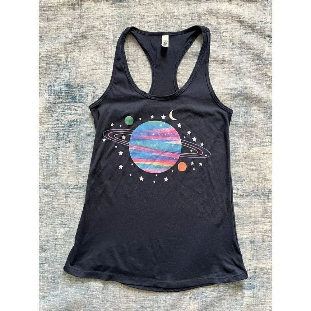 Cosmic Clothing Navy Blue Colorful Planets Racerback Tank Top Women's Small